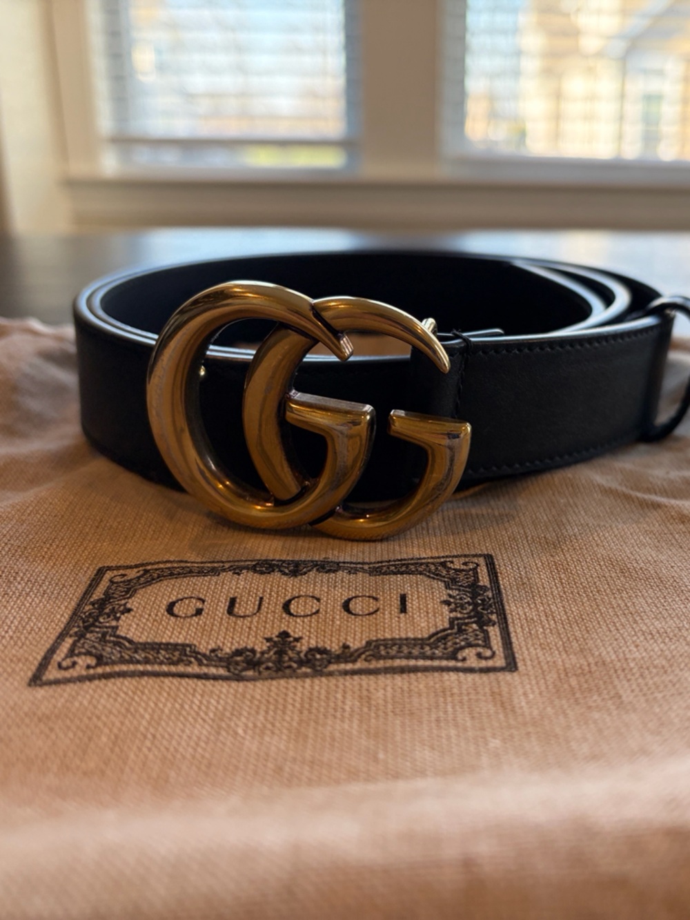 Authentic 90” Gucci Women’s Black Leather Belt with Gold Interlocking GG Buckle